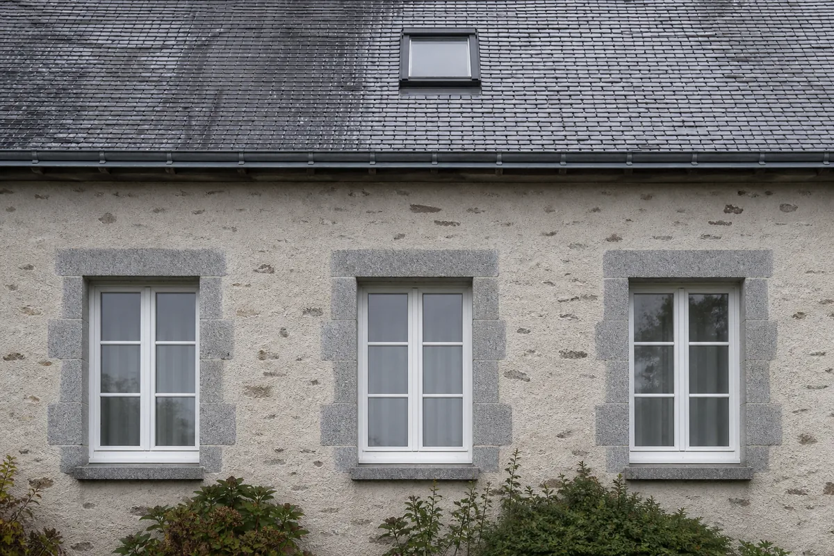 Fenêtres blanches alignées sur une façade limousine en moellon enduit, encadrements de granit