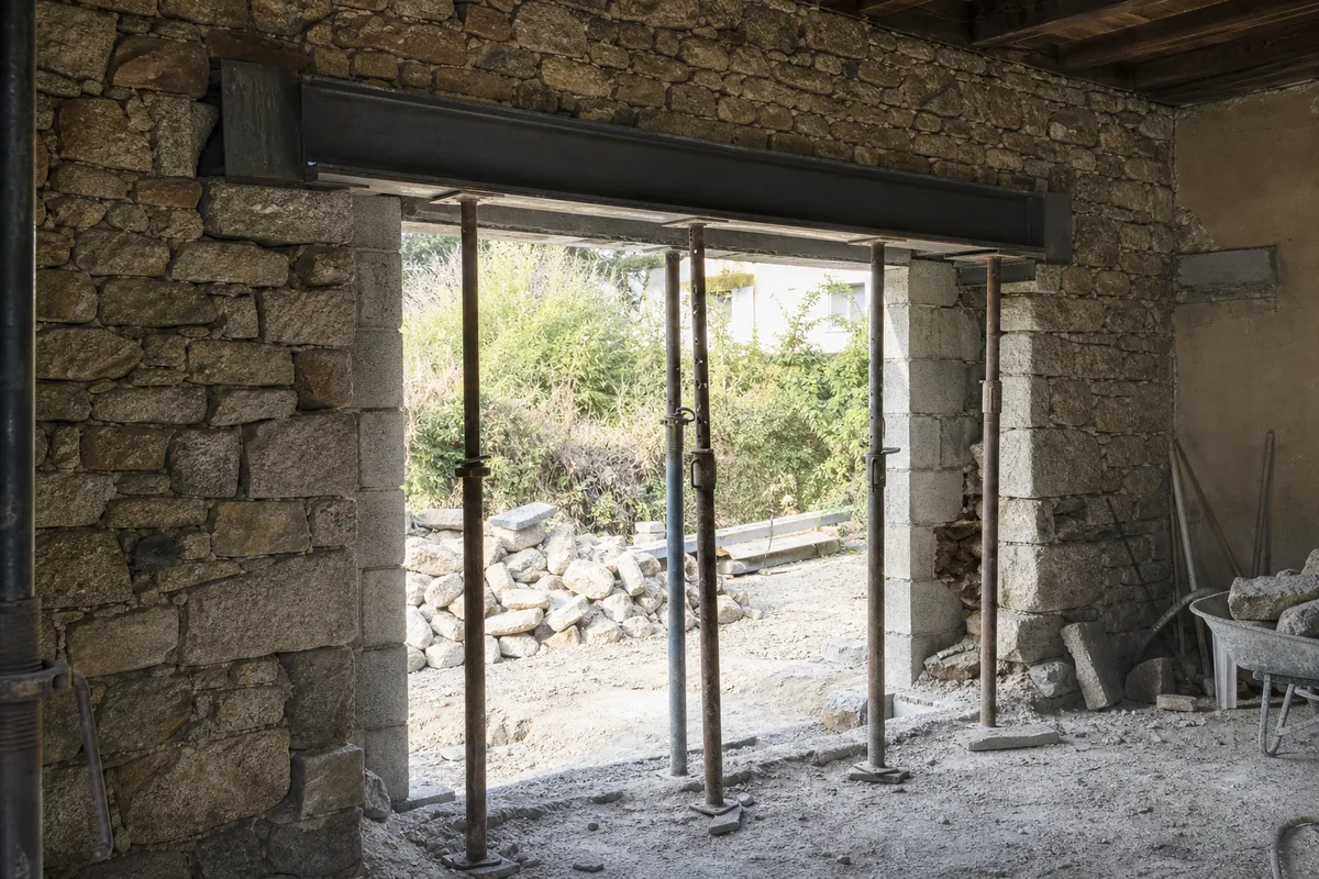 Ouverture élargie dans un mur en moellon de granit, linteau métallique posé et étaiement en place