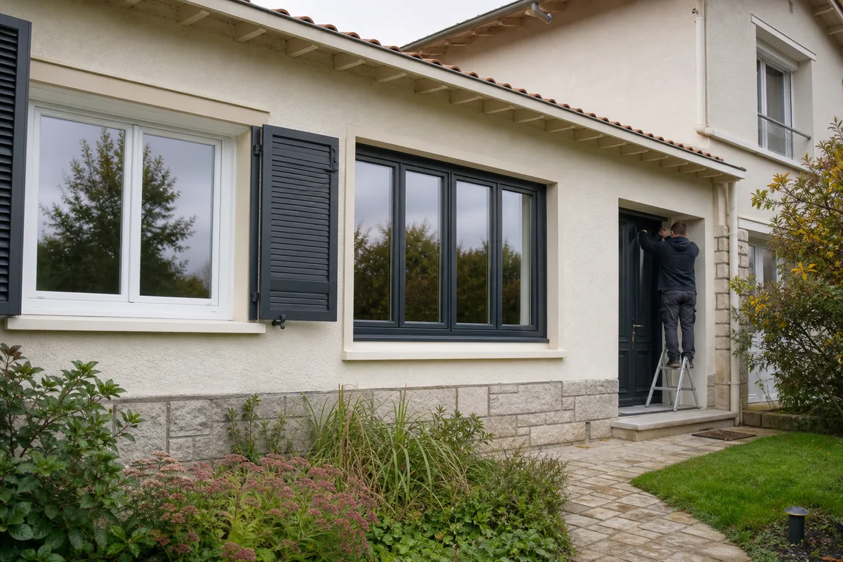 Détail d’un triple vitrage gris anthracite posé sur la façade nord d’une maison du plateau au nord de Limoges