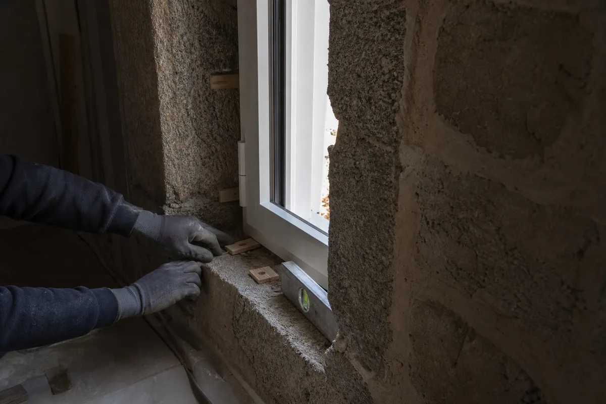 Fenêtre blanche en cours de remplacement dans un encadrement de granit d’une maison ancienne de Limoges