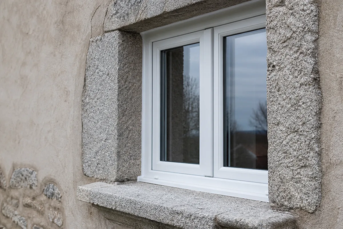 Fenêtre PVC blanche à deux vantaux posée dans un encadrement de granit d’une maison limousine