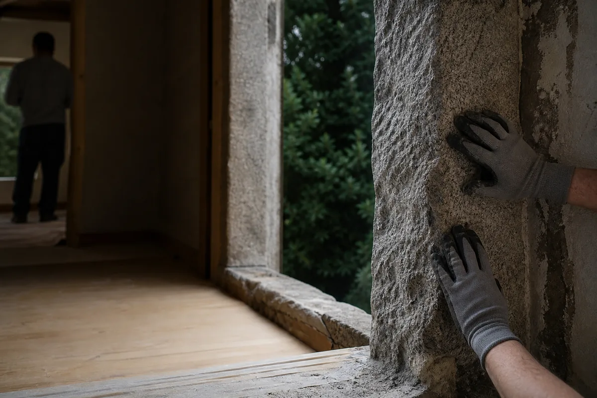 Tableau de granit mis à nu après dépose du dormant, avant la pose d’une fenêtre neuve