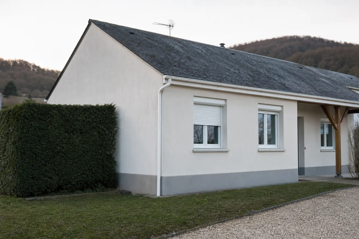 Fenêtres blanches et volet roulant d’un pavillon de la périphérie de Saint-Junien sous une lumière voilée