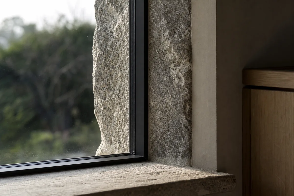 Fenêtre aluminium à montant fin posée dans un encadrement de granit épais, double vitrage et lumière rasante