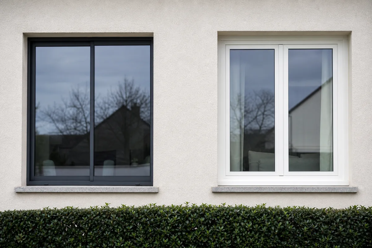 Deux fenêtres voisines sur une même façade, l’une en aluminium anthracite à montants fins, l’autre en PVC blanc plus épaisse