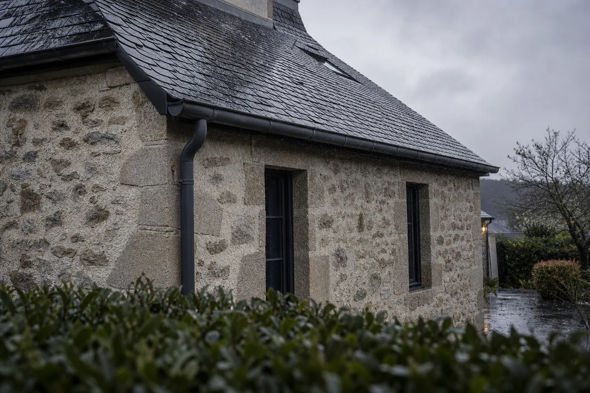 Façade en moellon enduit sous la pluie avec gouttière aluminium et toiture d’ardoise