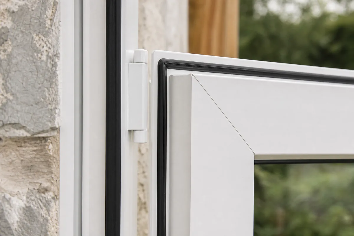 Détail de l’angle d’un ouvrant de fenêtre PVC blanche avec son joint de frappe noir