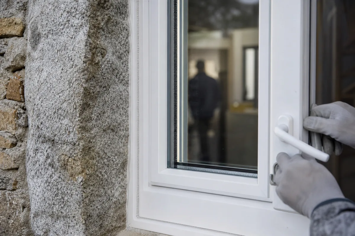 Fenêtre PVC blanche posée dans un encadrement de granit sur une maison limousine