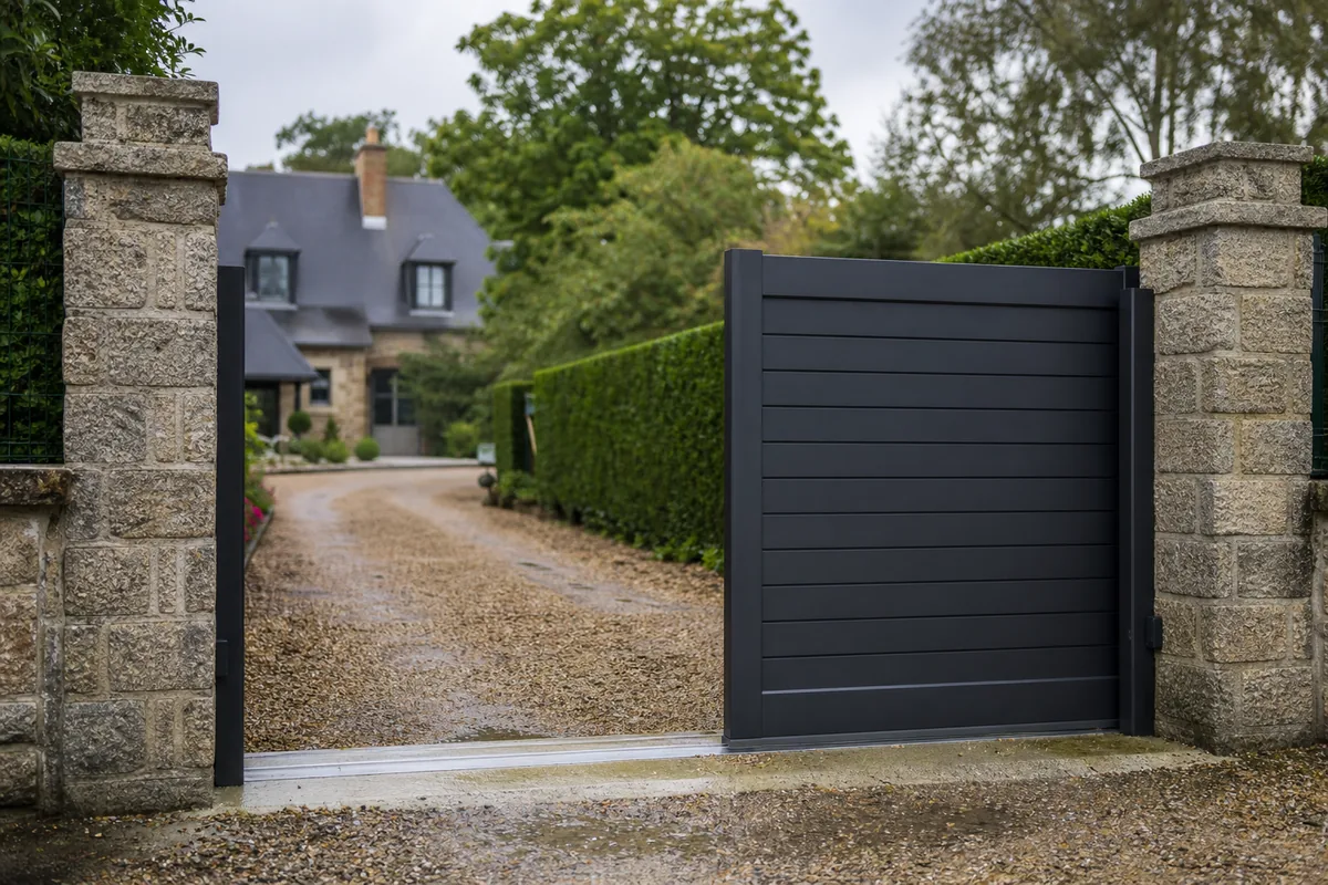 Portail aluminium gris anthracite ouvert sur une allée bordée de haies en Haute-Vienne