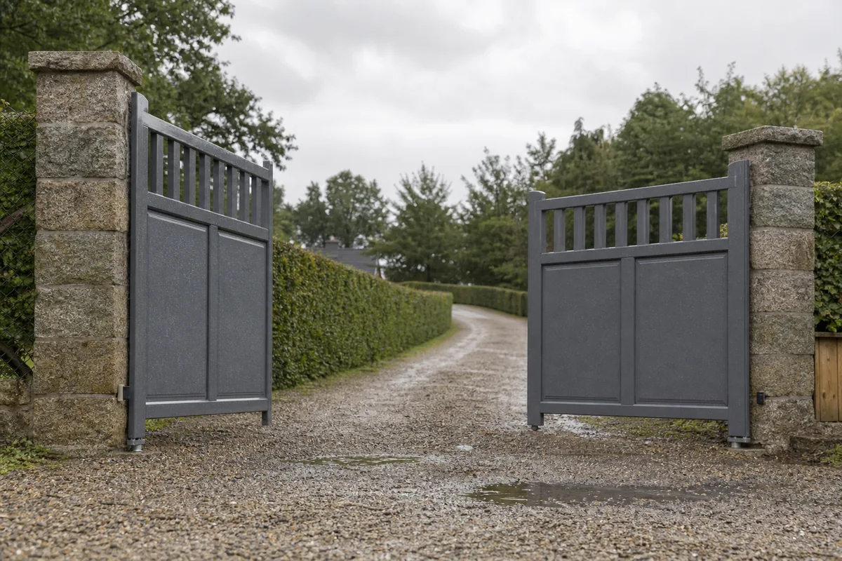 Portail aluminium gris anthracite à deux vantaux ouvert sur une allée gravillonnée bordée de haies