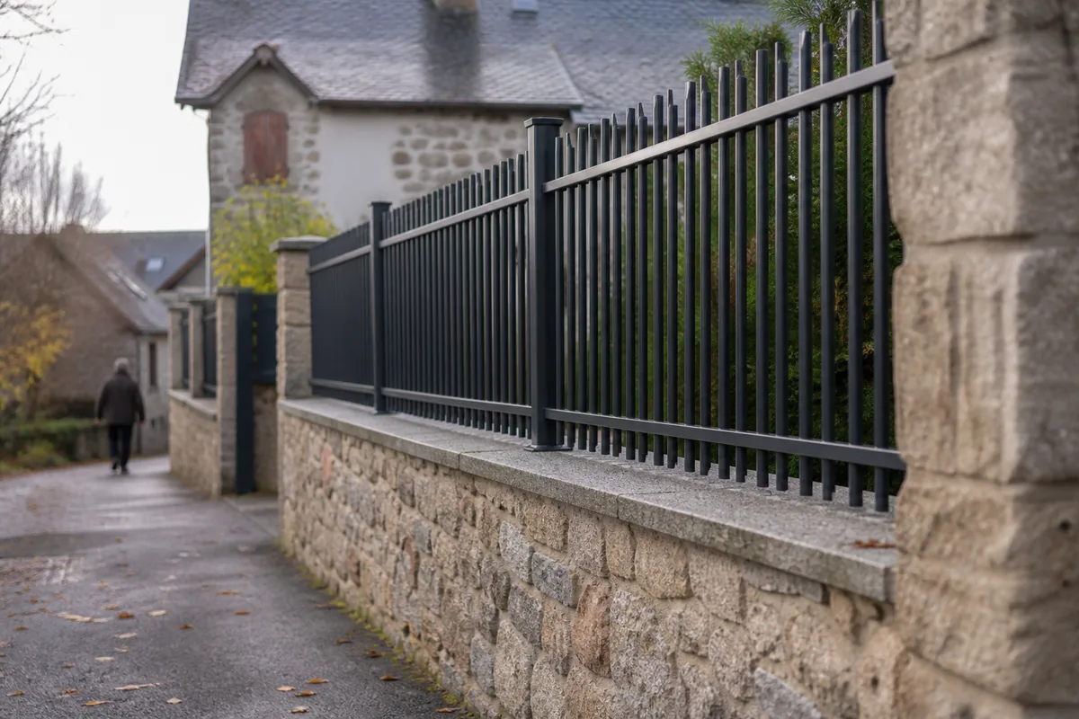 Muret de moellon de granit surmonté d’un barreaudage aluminium le long d’une rue de bourg limousine