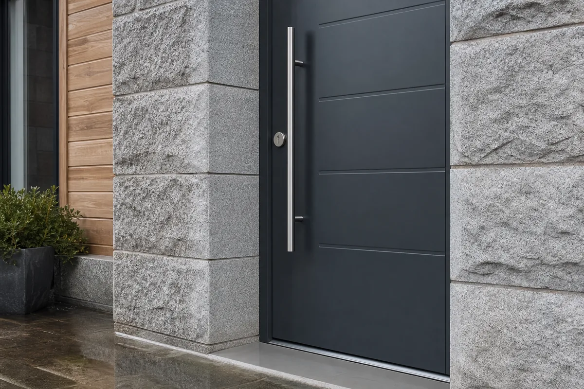 Porte d’entrée en aluminium gris anthracite posée dans un encadrement de granit, façade en moellon enduit sous lumière voilée