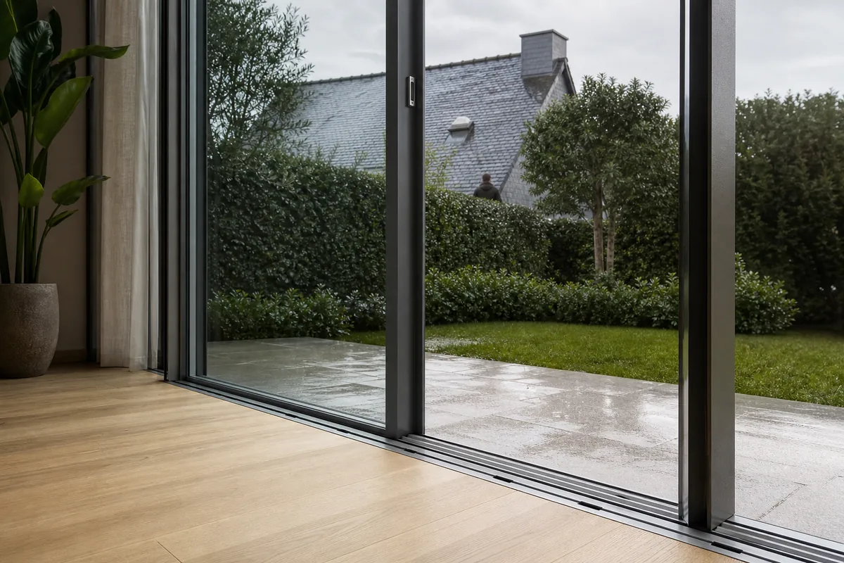 Baie vitrée coulissante en aluminium ouverte sur un jardin, reflets froids sur le double vitrage et toiture d’ardoise mouillée en arrière-plan