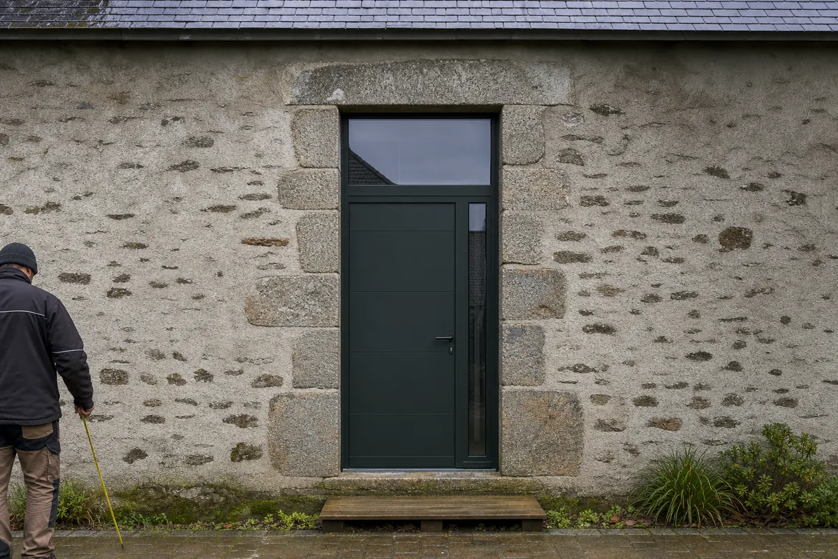 Porte d’entrée sur mesure haute et étroite avec imposte vitrée dans un encadrement de granit d’une maison de bourg limousine