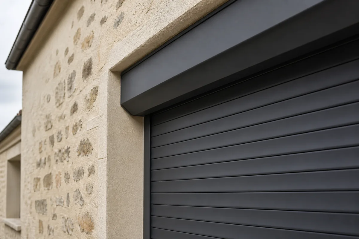 Tablier de volet roulant aluminium neuf posé sur une façade en moellon enduit