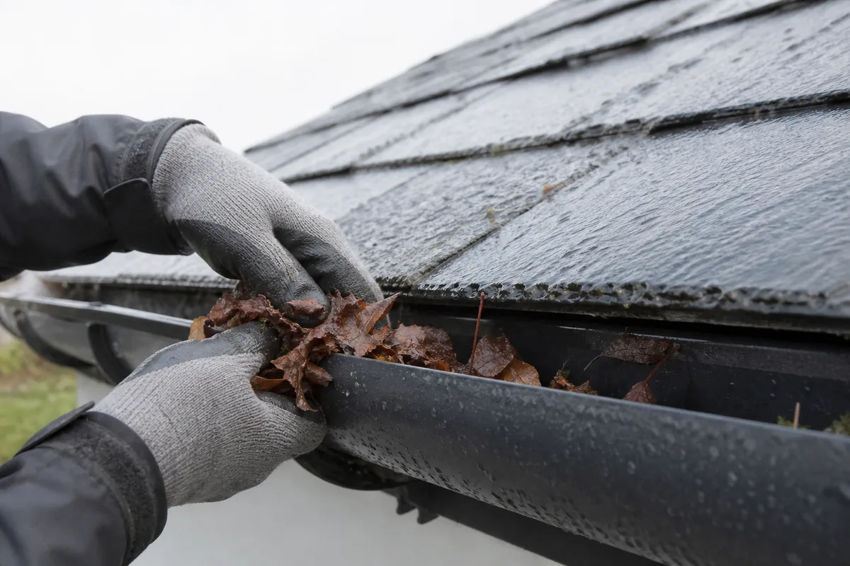 Gouttière aluminium laquée en pied d’une toiture d’ardoise mouillée, mains gantées dégageant les feuilles